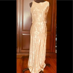 Satin taupe long dress; measures 55-1/2 inches from shoulder to hem.